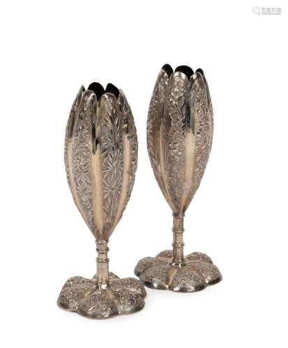 A pair of antique Chinese export silver bud vases, with embo...