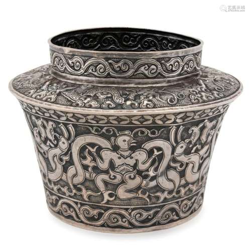 An antique Vietnamese Cham Silver offering bowl, finely deco...