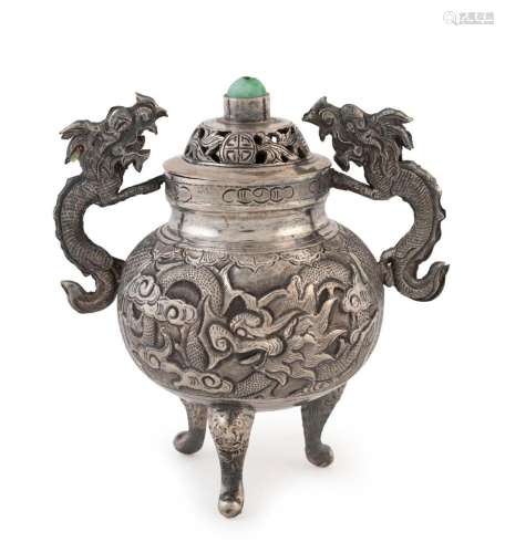 A Chinese silver censer with dragon handles and cabochon jad...