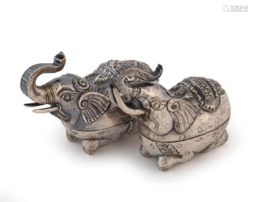 Two Cambodian silver elephant boxes, 20th century, stamped &...