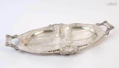 AUSTRO-HUNGARIAN silver serving tray with fitted crystal sav...