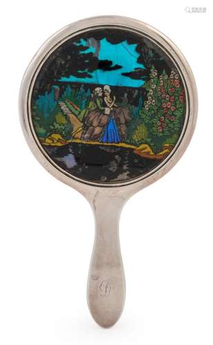 An English sterling silver hand mirror with Art Deco butterf...