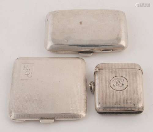 A sterling silver vesta, powder compact and cigarette case, ...