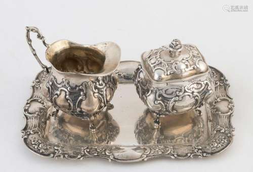 German silver cream jug, lidded sugar bowl and tray, 20th ce...