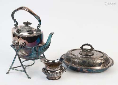 An antique English silver plated tureen, spirit kettle (miss...