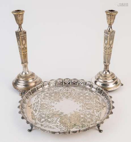 An antique English silver plated serving tray, and a pair of...
