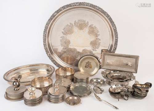 Silver and silver plated ware including circular tray, coast...