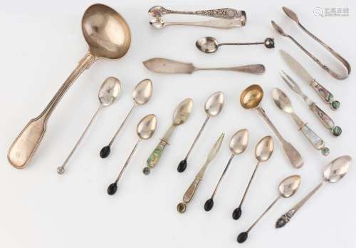 Assorted silver and silver plated spoons, ladle, tongs etc (...