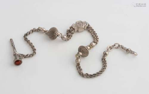 An antique silver Albert fob chain with attached silver pock...