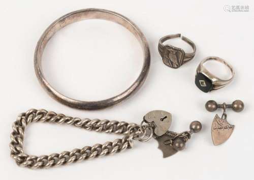 Antique silver bangle, bracelet, kookaburra ring, signet rin...