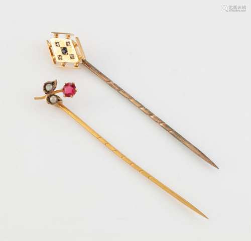 Two antique gold stickpins set with sapphire, seed pearls an...