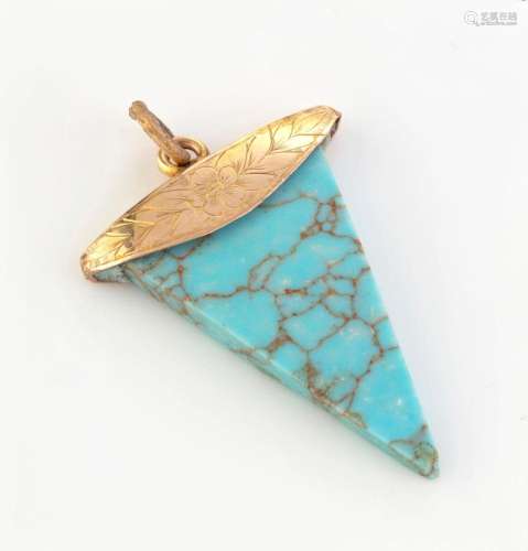 An antique 15ct yellow gold mounted turquoise pendant of too...