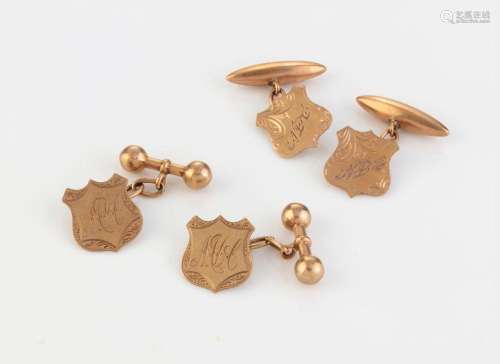 Two pairs of antique shield shaped 9ct gold cufflinks, 19th/...
