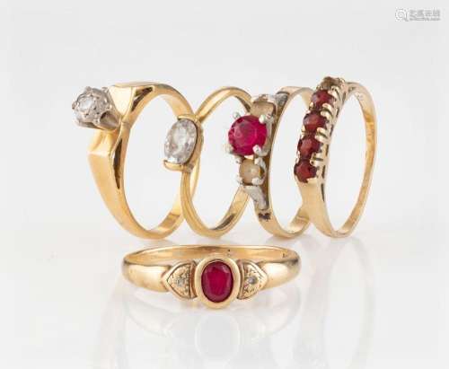 Five vintage 9ct yellow gold rings set with ruby, diamonds a...
