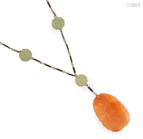 A Chinese Art Deco necklace with carved carnelian pendant, t...