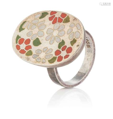 GEORG JENSEN Danish sterling silver and floral enamel ring, ...