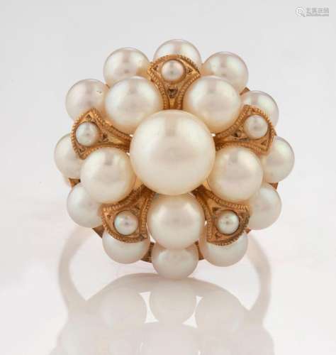 A 14ct gold and pearl cluster cocktail ring, stamped "K...