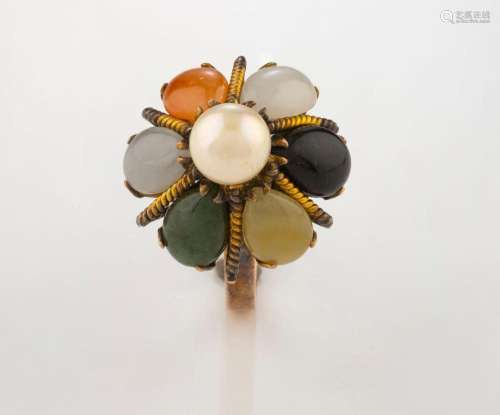 A 14ct rose gold ring, set with a pearl and coloured stones,...