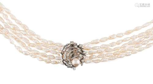 A freshwater pearl necklace, five strands adorned with a whi...