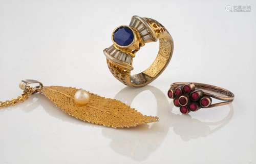 A rose gold and garnet ring, costume jewellery ring and neck...