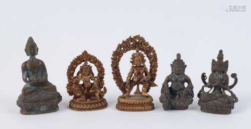 Five assorted cast bronze and metal Buddha statues, 20th cen...