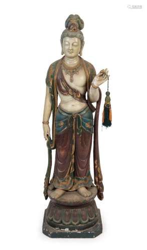 GUANYIN antique Chinese polychrome finished carved wooden st...