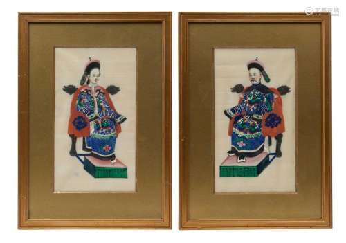 A pair of Chinese portrait paintings on silk, 19th century, ...