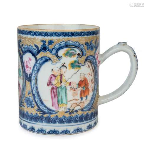 A Chinese export blue and white porcelain tankard with ename...
