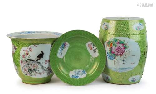 A Chinese green porcelain garden seat, jardiniÃ¨re and charg...