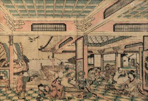 An antique Chinese woodblock print of an interior scene, 19t...