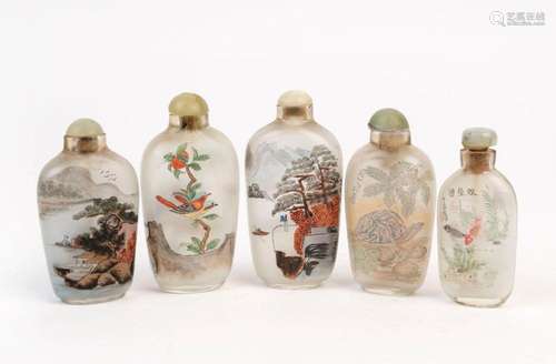 Five Chinese glass scent bottles with internal hand-painted ...