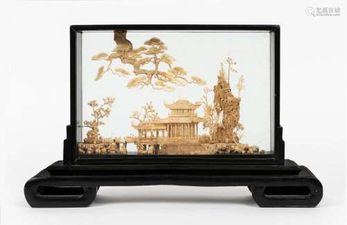 A Chinese carved cork diorama, 20th century, 26cm high, 41cm...