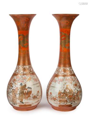 A pair of Kutani ware Japanese porcelain vases, Meiji period...