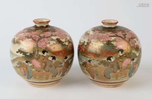 SATSUMA pair of Japanese earthenware spherical vases, Meiji ...