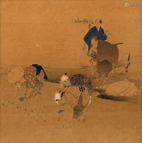 ARTIST UNKNOWN Japanese watercolour of the rice farmers, Mei...