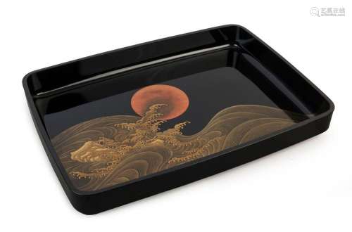 A Japanese lacquered kimono tray in original cypress box, Me...