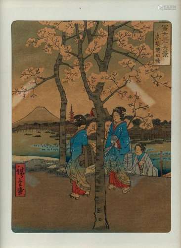 A Japanese woodblock print depicting Geishas in landscape, 2...