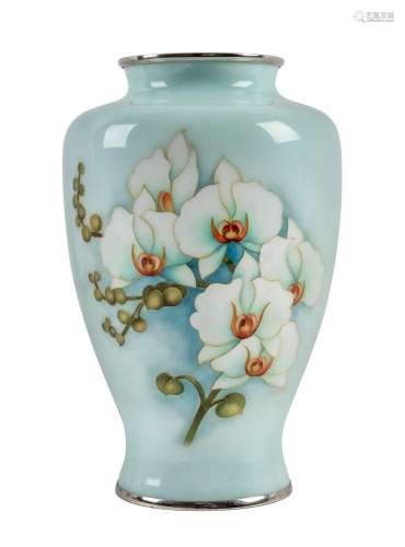 A Japanese cloisonné vase, silver wirework with orchid decor...