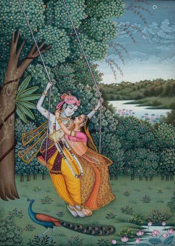 An Indian painting of a courting couple on a swing, 20th cen...