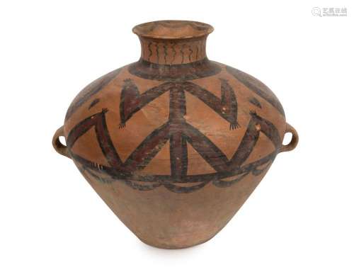  A Chinese lugged Neolithic painted clay vessel with geometr...