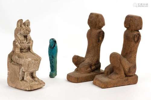 EGYPTIAN shabti, ceramic statue and two carved wooden statue...