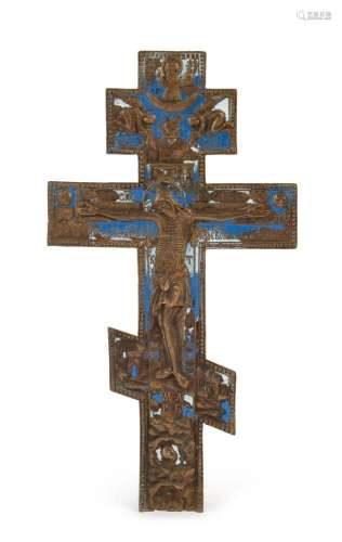 Old Believers Russian crucifix, cast bronze and blue enamel,...