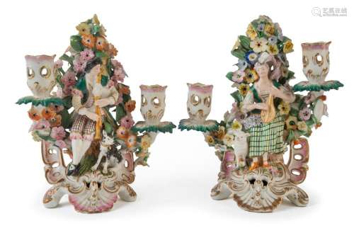 CHELSEA early English porcelain pair of figural candelabras,...