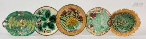 Five assorted English and French Majolica serving plates, 19...