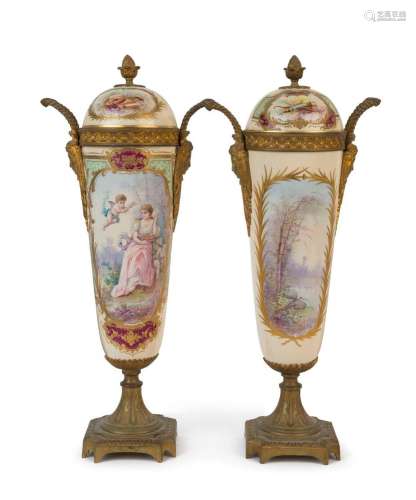 SEVRES pair of French porcelain mantel urns with gilt metal ...
