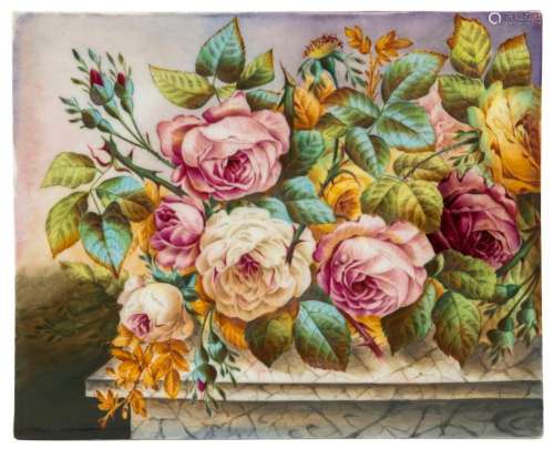 An antique porcelain plaque hand-painted with rose decoratio...