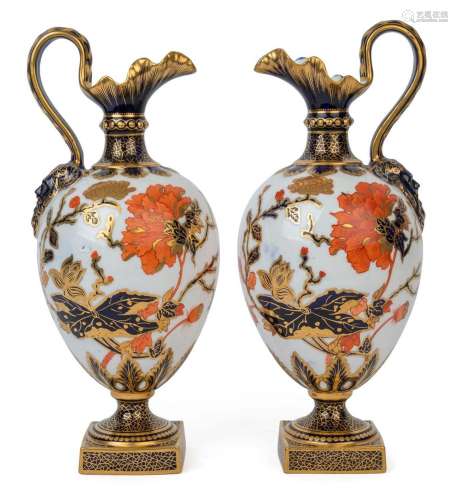 ROYAL CROWN DERBY pair of antique English porcelain ewers, 1...