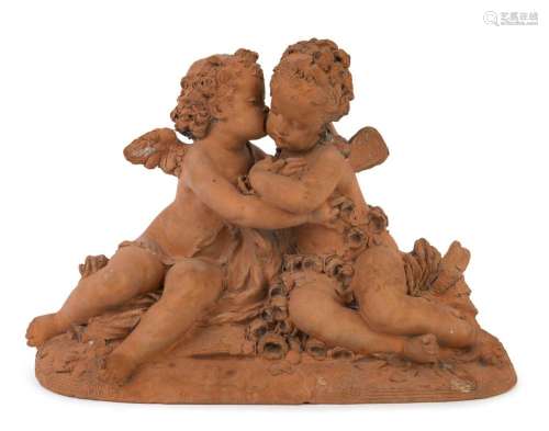 An antique terracotta cherub figure group statue, late 19th ...