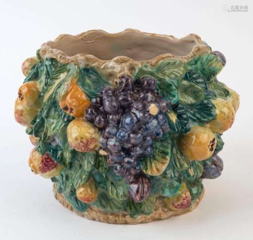 A vintage Italian ceramic jardiniÃ¨re with applied fruit dec...