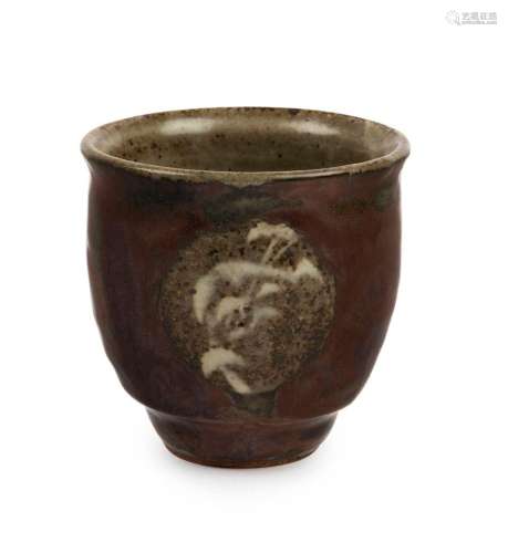 TATSUZO SHIMAOKA studio pottery beaker with raku glaze in or...